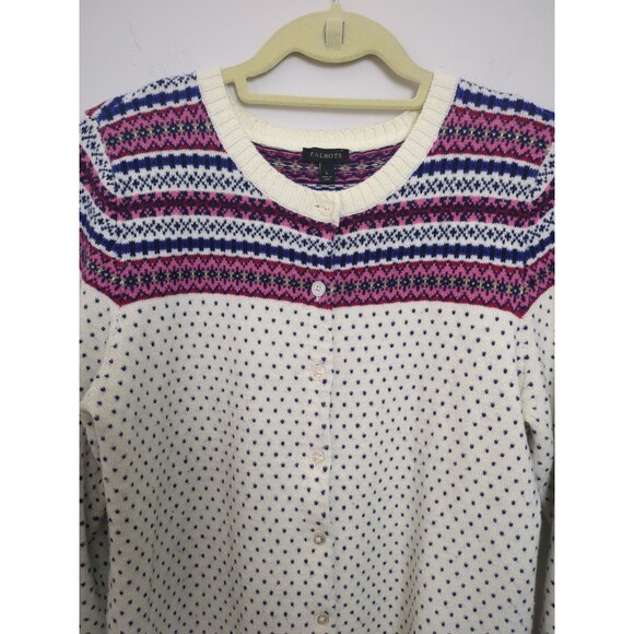 Talbot's Women's Cream Fair Isle Button Cardigan Grandmacore Nylon & Wool SZ L - Picture 2 of 13